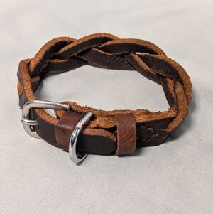 Braided Brown Leather Dog Collar with Silver Buckle (Small Dog)